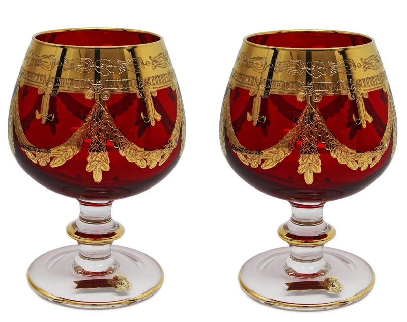Interglass Interglass  Italy Red Crystal Cognac Snifters Goblets Vintage Design 24K Gold Hand Decorated 10 Oz SET OF 2 