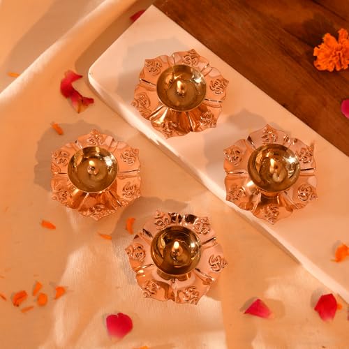 CraftVatika Return Gifts for Pooja, Pure Brass Diya Set of 4, Diwali Décor Items, Diwali Decoration Items, Brass Deepak Oil Wick Holder Deepawali Gifts for Family Friends Corporate Employees (4 Pcs) - Image 2