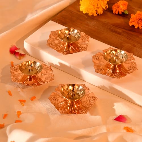 CraftVatika Return Gifts for Pooja, Pure Brass Diya Set of 4, Diwali Décor Items, Diwali Decoration Items, Brass Deepak Oil Wick Holder Deepawali Gifts for Family Friends Corporate Employees (4 Pcs) - Image 1