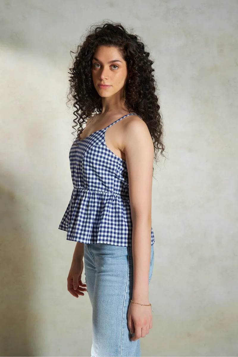فيرجيو Cotton Checked Brunchwear Peplum Tops for Women