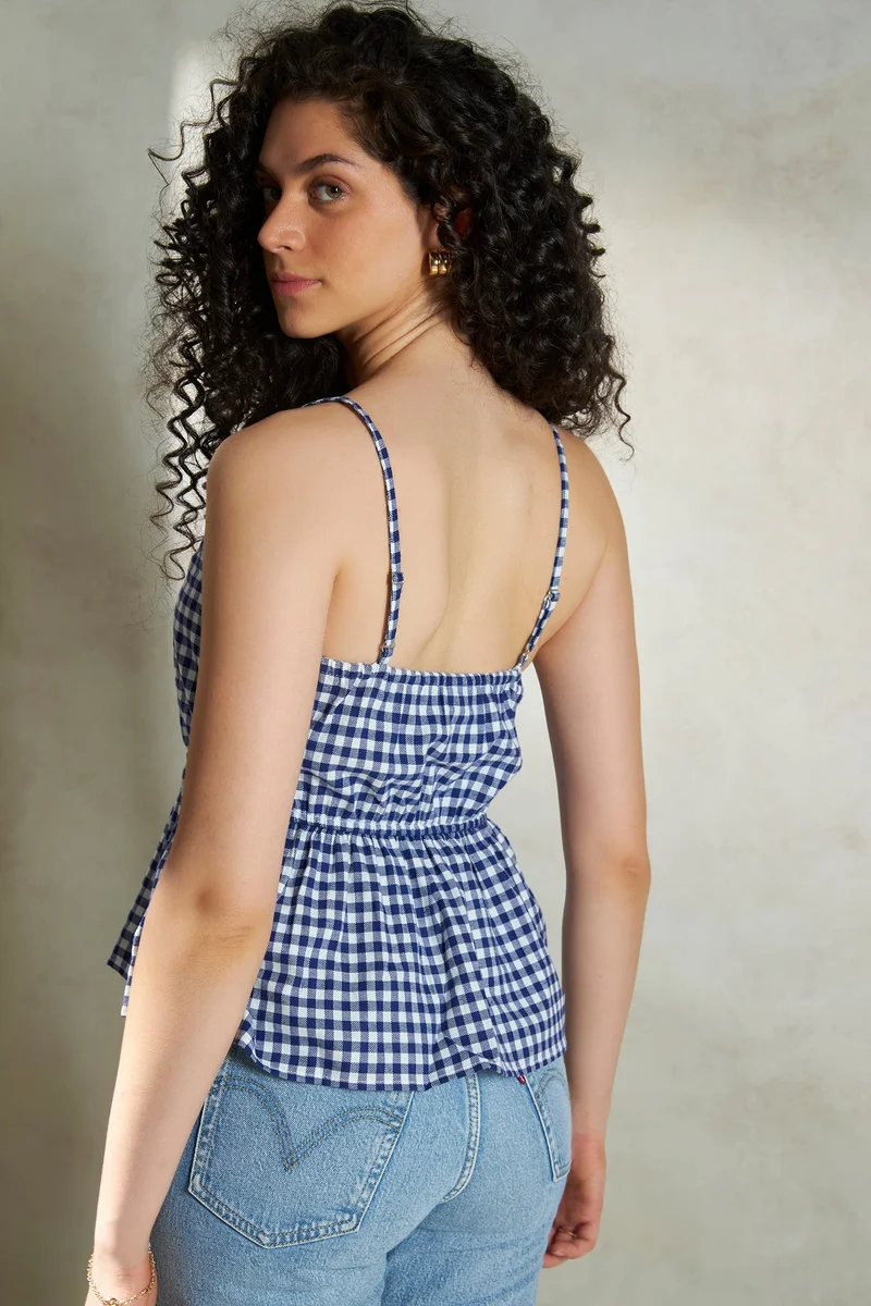فيرجيو Cotton Checked Brunchwear Peplum Tops for Women