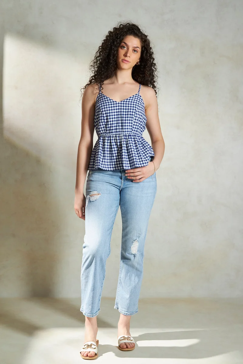 فيرجيو Cotton Checked Brunchwear Peplum Tops for Women