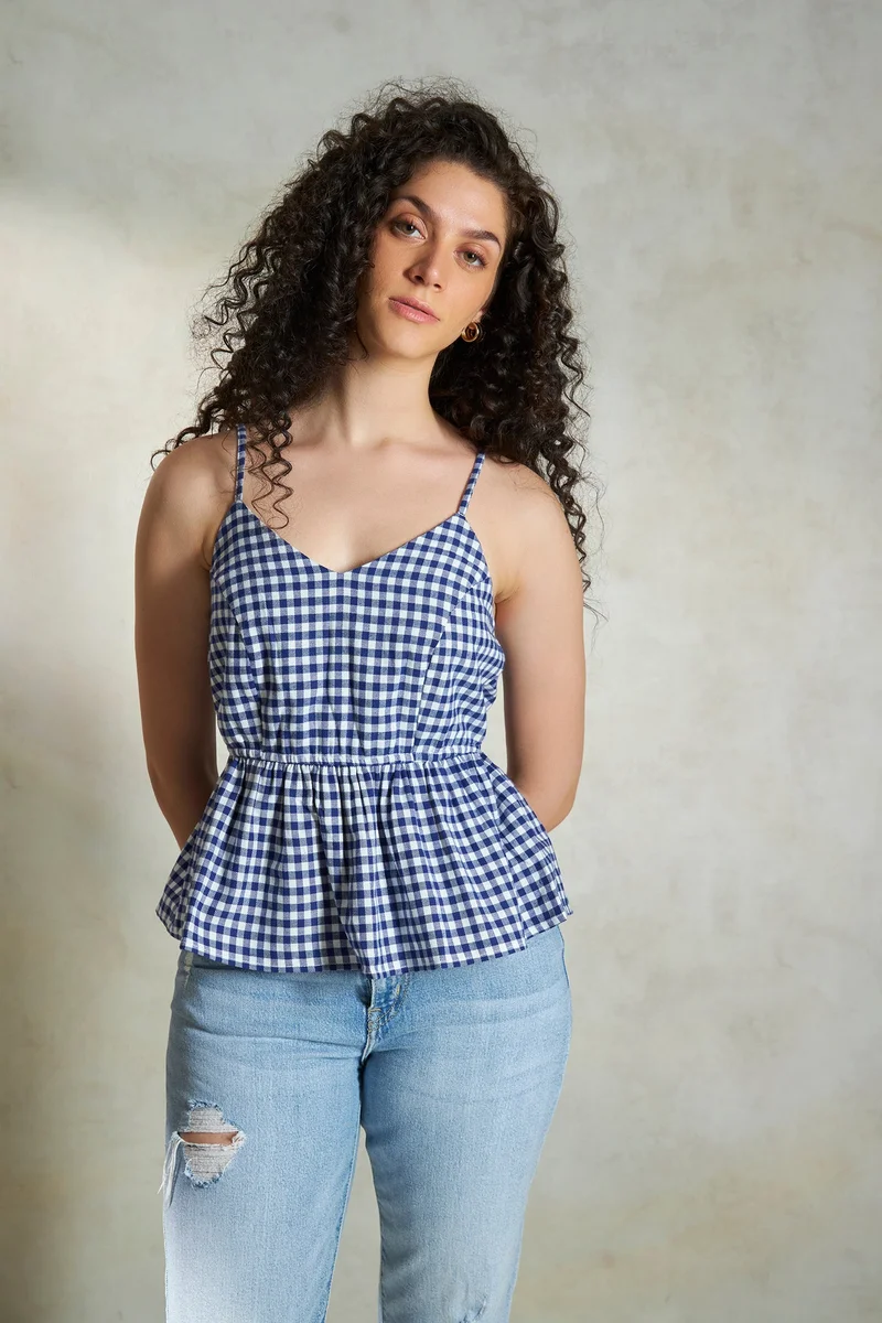 فيرجيو Cotton Checked Brunchwear Peplum Tops for Women
