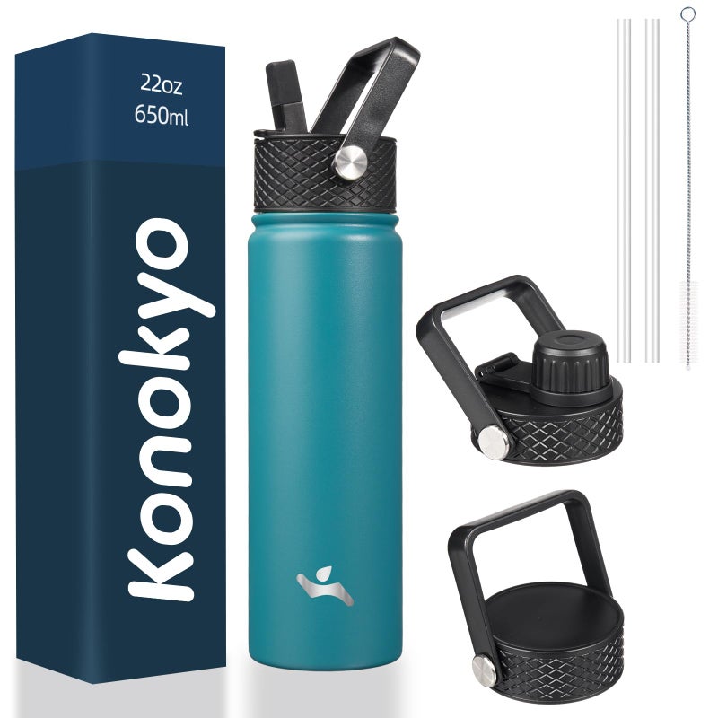 Konokyo 22oz Stainless Steel Bottles with 3 Lids Sport Insulated Water BottleLight Blue