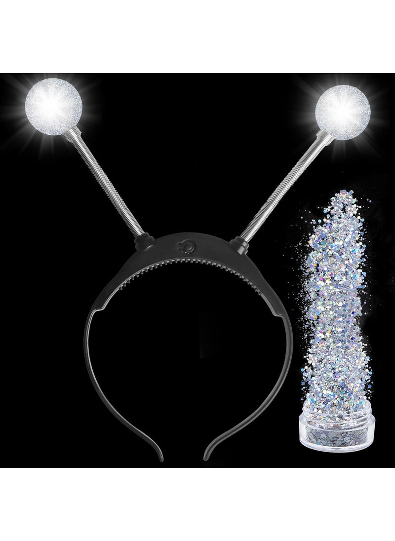 Farochy - Light Up Alien Headband  Halloween Alien Headband Martian Headband Led Headband Martian Antenna Ball with Face Glitter Silver - Image 1