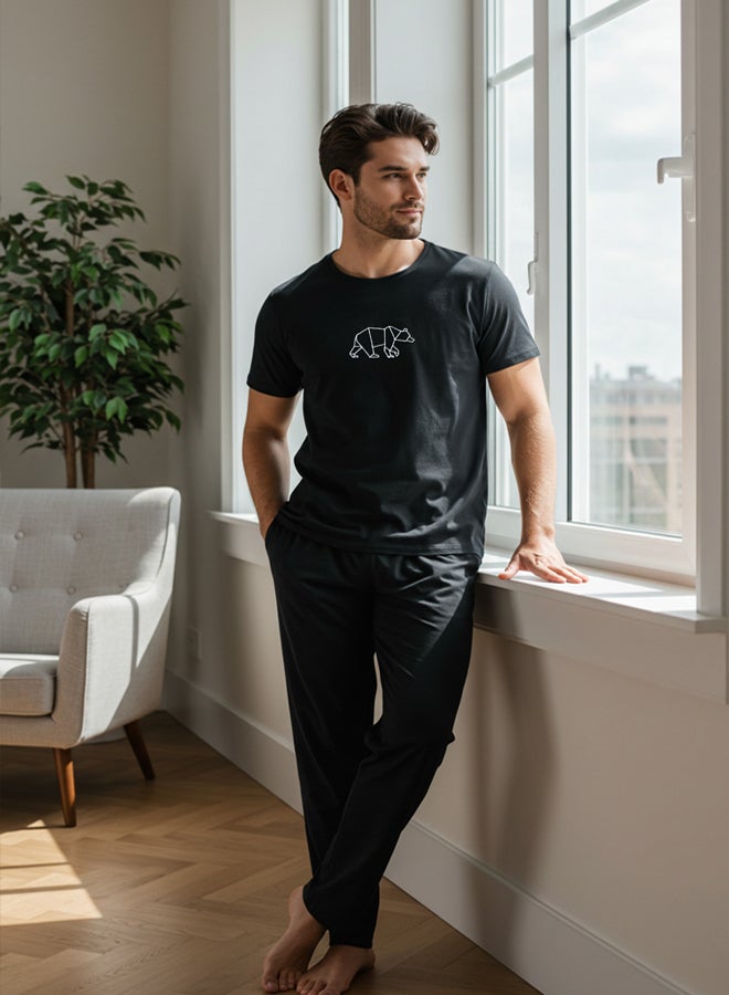 Trendyol Man Black Regular Fit Embroidered Knitted Pajama Set - Image 1