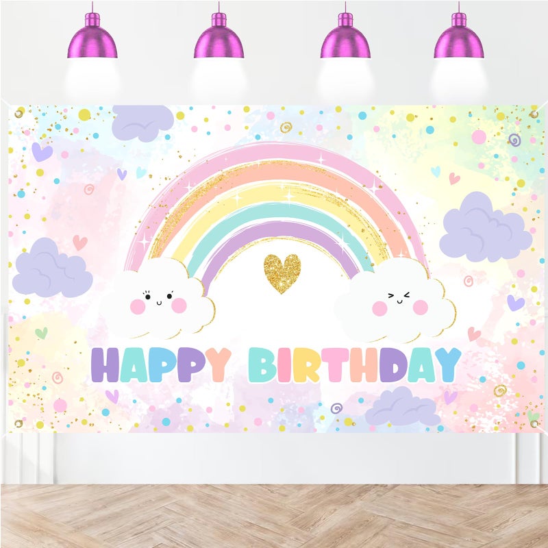 Avezano Rainbow Birthday Backdrop for Girls Pastel Rainbow Happy Birthday Party Decorations Banner Colorful Sprinkled Dots Girl's Happy Bday Backdrop (6x3.6ft) - Image 1