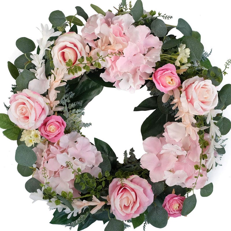 Bibelot Bibelot Artificial Pink Rose Wreath  20 Inch Front Door Wreath with Hydrangea Leaves for Spring Valentines Mothers Day Wedding  Home Decor 