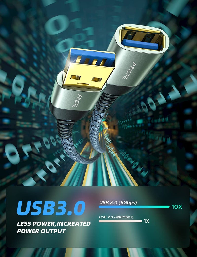 AINOPE 2 Pack USB Extensions Cable High Speed USB 3.0 Extension Cord Type A Male to Female Sturdy Braided Material Fast Data Transfer Compatible with USB Keyboard,Mouse,Flash Drive,Grey,3.3FT+3.3FT - Image 5