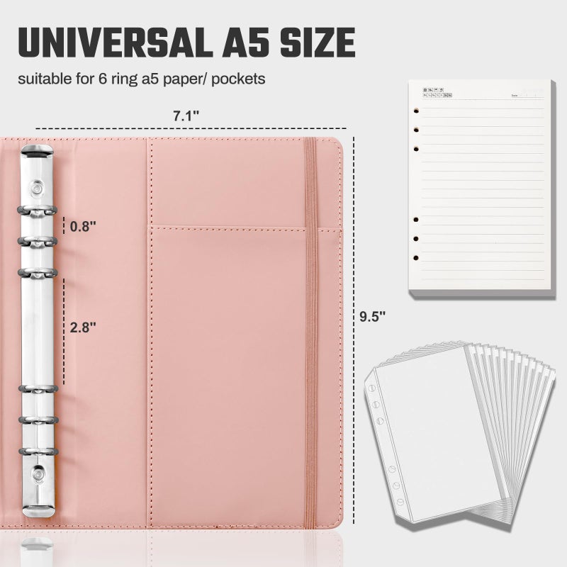 Ovesmusl Aesthetic A5 Binder 6 Ring Refillable Notebook Planner Cover Small 0.8 Inch Loose Leaf Binder for Journaling or Collections Refillable Notebook Holder with Pocket - Image 5