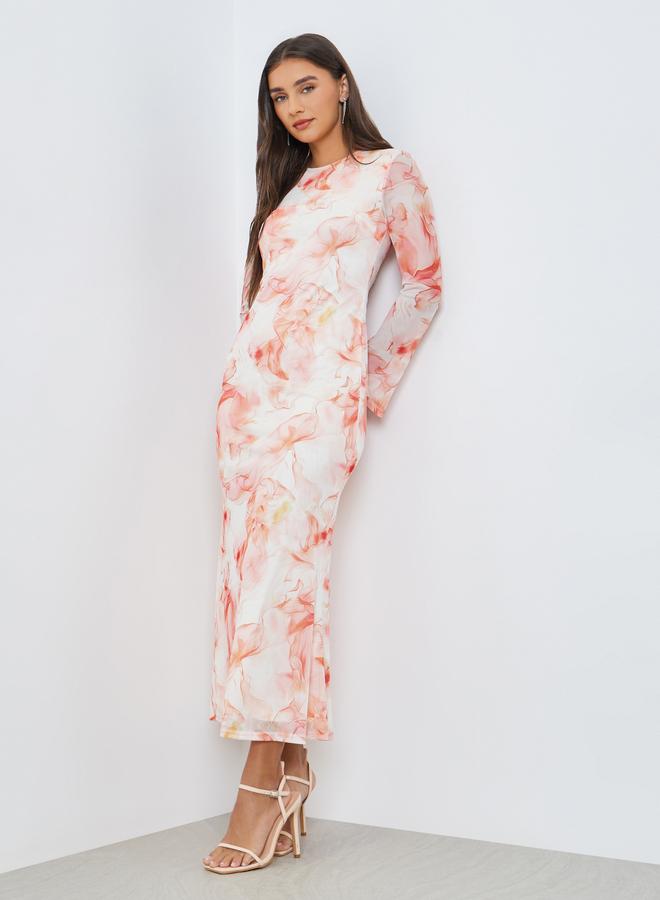 Styli Peach Marbled Print Bodycon Maxi Dress - Image 1