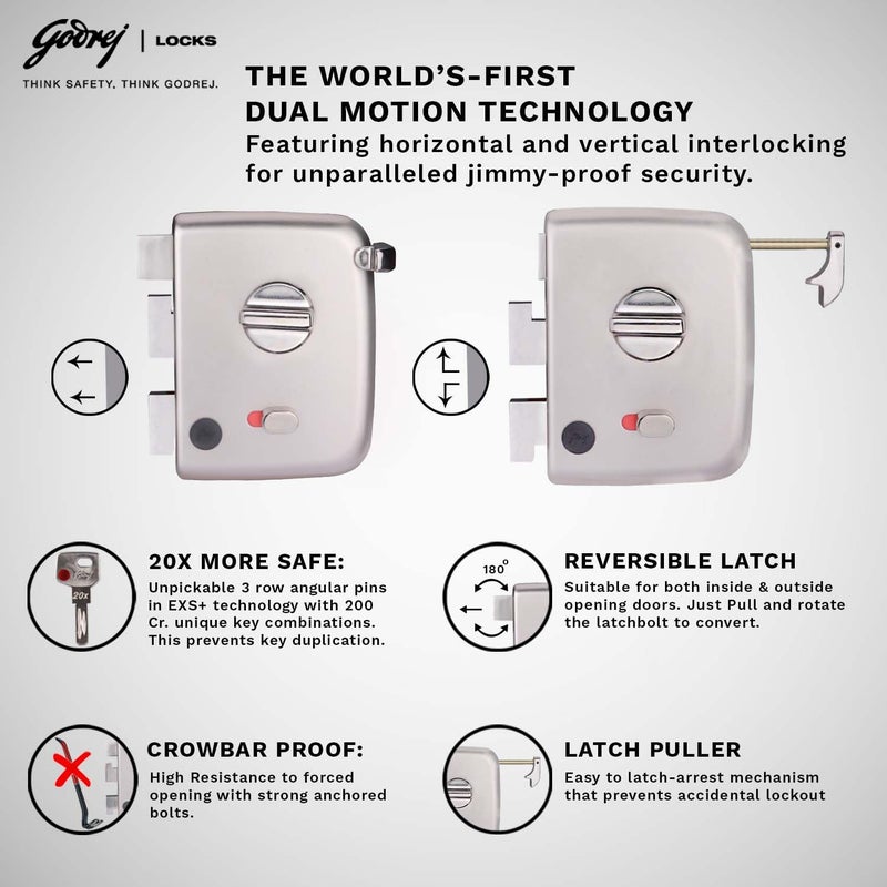 Godrej Locking Solutions and Systems Godrej Rim Lock I Centaur EXSI 1Ck Latchbolt I for Main Door InsideOutside Opening Door LeftRight Handed Doors I 4 Keys I 15 Years Warranty I Auto Locking I Satin Nickel FinishAlloy Steel  - Image 3
