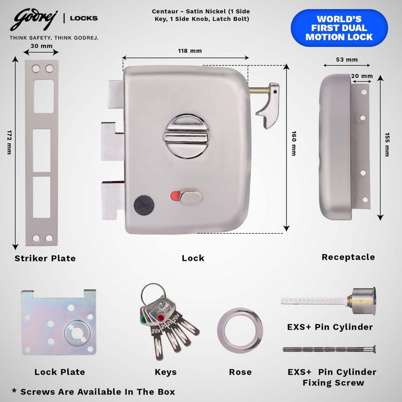 Godrej Locking Solutions and Systems Godrej Rim Lock I Centaur EXSI 1Ck Latchbolt I for Main Door InsideOutside Opening Door LeftRight Handed Doors I 4 Keys I 15 Years Warranty I Auto Locking I Satin Nickel FinishAlloy Steel  - Image 4