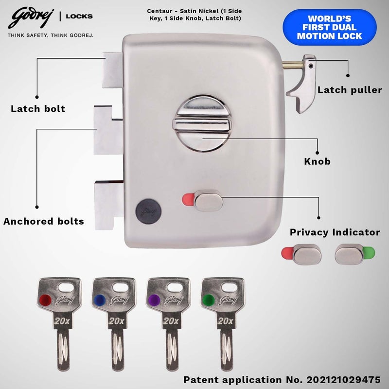 Godrej Locking Solutions and Systems Godrej Rim Lock I Centaur EXSI 1Ck Latchbolt I for Main Door InsideOutside Opening Door LeftRight Handed Doors I 4 Keys I 15 Years Warranty I Auto Locking I Satin Nickel FinishAlloy Steel  - Image 5