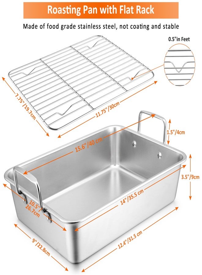 Leonyo 14 Inch Roasting Pan with Rack, Leonyo Large Turkey Roasting Pan, Stainless Steel Roaster Pan with Wire Rack Non Stick Baking Pans for Cooking Ham, Chicken, Cake, Lasagna, Casserole - Image 2