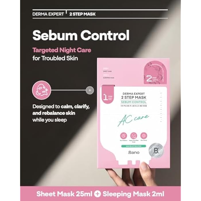 BANO Derma Expert 2 Step Sebum Control Face Mask – 2 in 1 Soothing Sheet & Sleeping Mask with Salicylic Acid, Niacinamide & Hyaluronic Acid | Support Glow for Glass Skin | Korean Skincare | 7 Sheets - Image 2