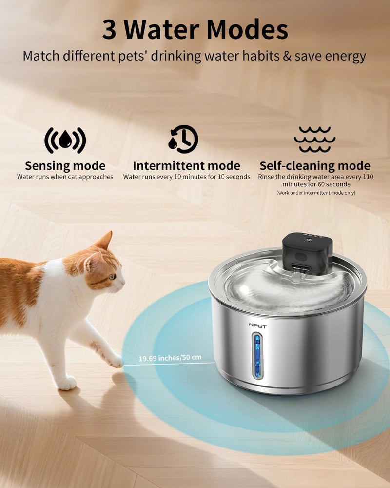 NPET Stainless Steel Wireless Cat Fountain, 1Gallon/135oz Battery Operated Automatic Pet Drinking Fountain - Cordless Dog Water Dispenser with 8 Replacement Filters for Cats Indoor - Image 4
