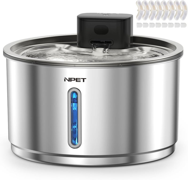 NPET Stainless Steel Wireless Cat Fountain, 1Gallon/135oz Battery Operated Automatic Pet Drinking Fountain - Cordless Dog Water Dispenser with 8 Replacement Filters for Cats Indoor - Image 1