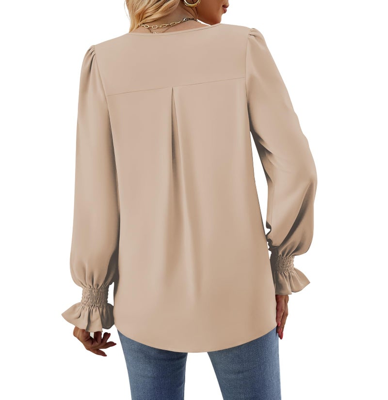 Funlingo Womens 2025 Dressy Causal Blouses Fall Long Puff Sleeve Tunic Tops Flowy V-Neck Business Shirts Work Clothes Khaki Large - Image 5