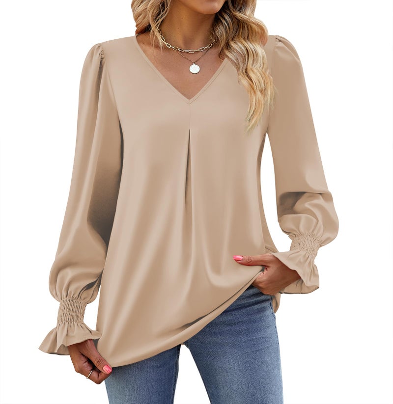 Funlingo Womens 2025 Dressy Causal Blouses Fall Long Puff Sleeve Tunic Tops Flowy V-Neck Business Shirts Work Clothes Khaki Large - Image 3