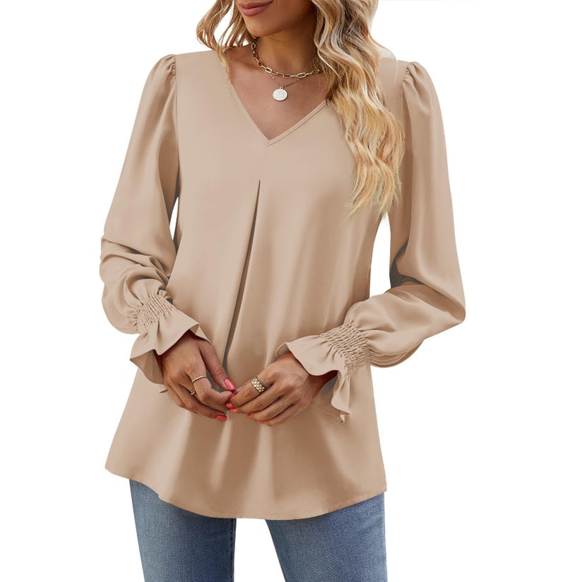 Funlingo Womens 2025 Dressy Causal Blouses Fall Long Puff Sleeve Tunic Tops Flowy V-Neck Business Shirts Work Clothes Khaki Large - Image 4