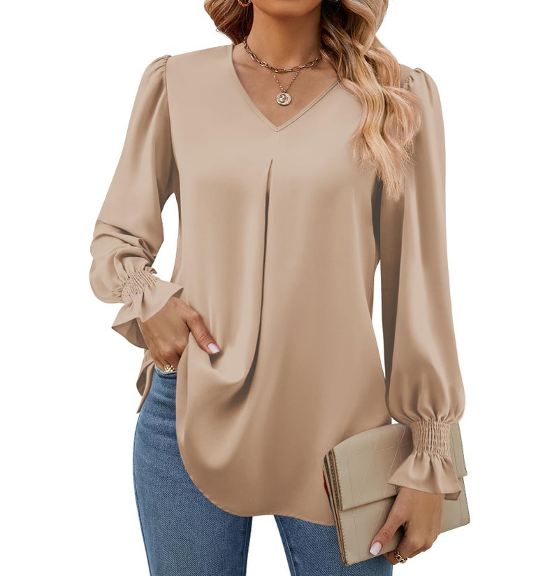 Funlingo Womens 2025 Dressy Causal Blouses Fall Long Puff Sleeve Tunic Tops Flowy V-Neck Business Shirts Work Clothes Khaki Large - Image 1