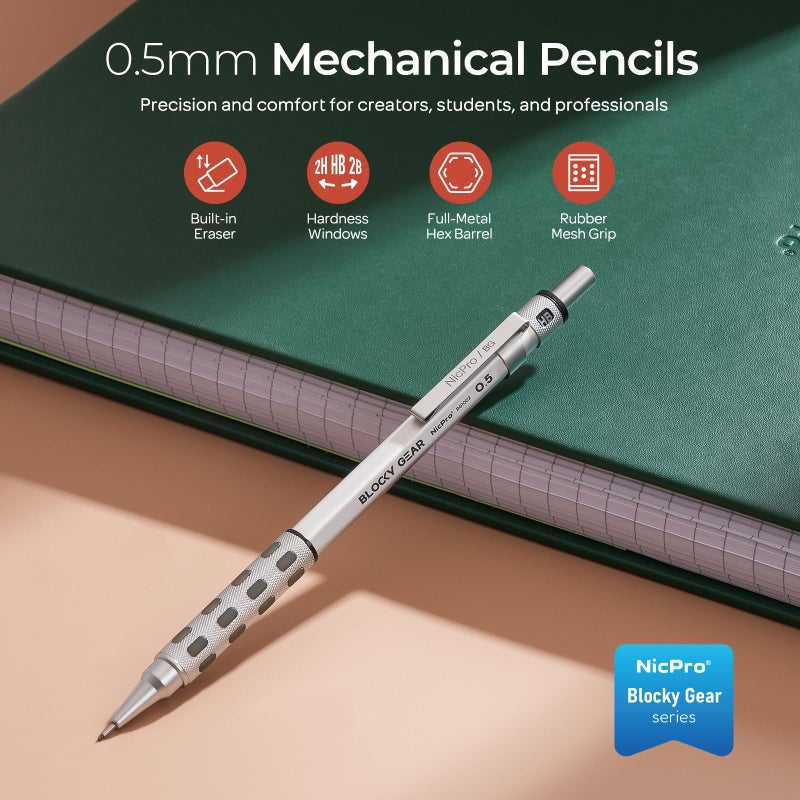Nicpro Blocky Gear 0.5 mm Mechanical Pencil Set in Case, Metal Pencil with Lead Refills, Eraser for Professional & Adult Art Writing Drafting Drawing - Image 2