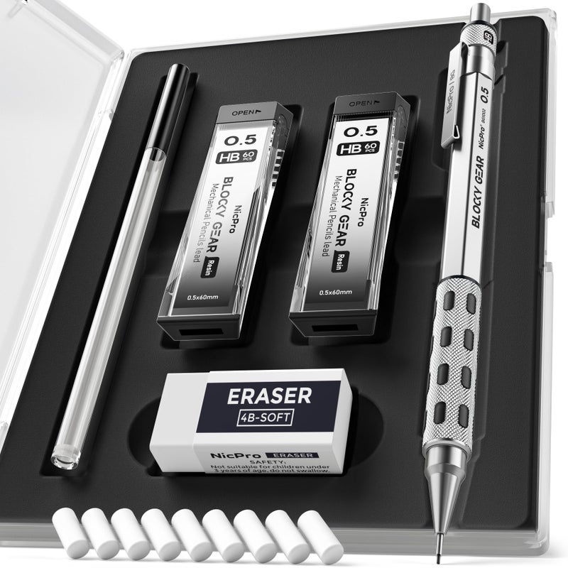 Nicpro Blocky Gear 0.5 mm Mechanical Pencil Set in Case, Metal Pencil with Lead Refills, Eraser for Professional & Adult Art Writing Drafting Drawing - Image 1