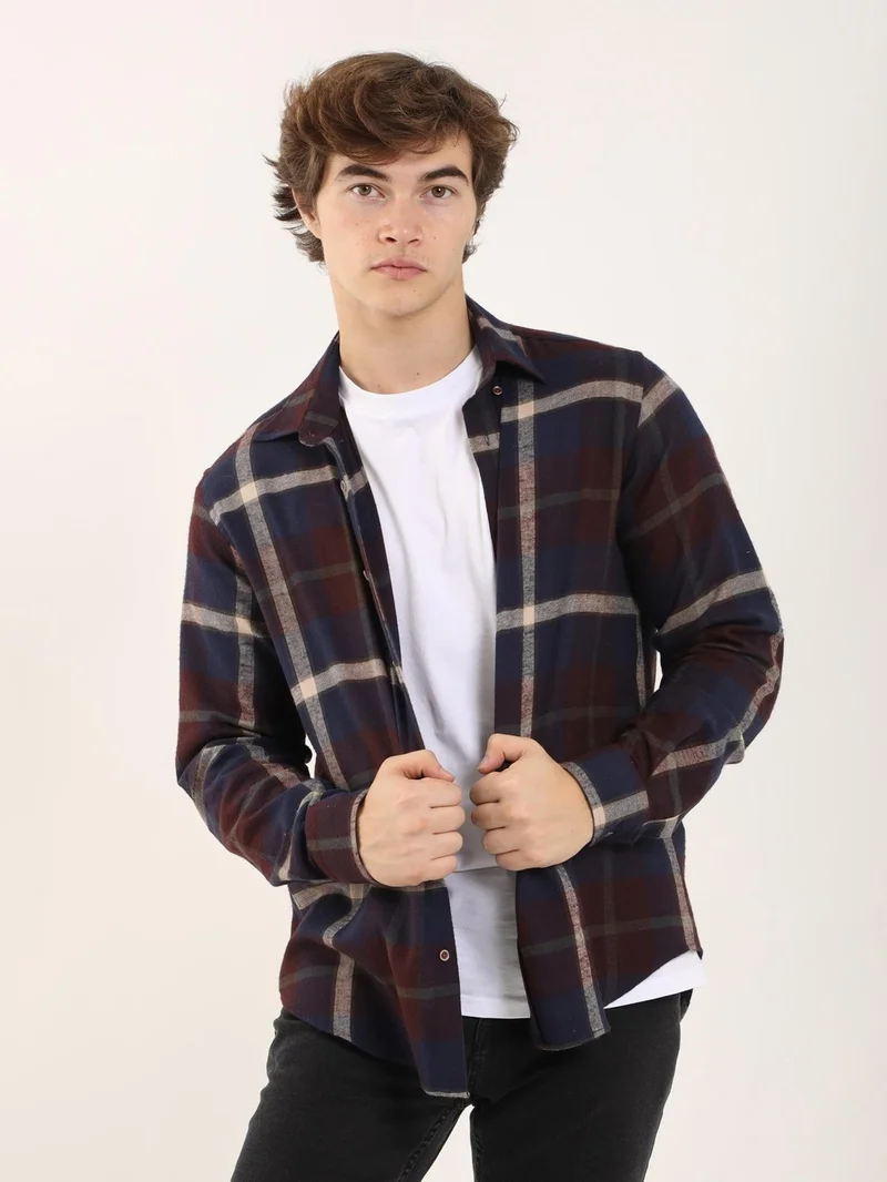 Dufy Claret Red Men's Regular Fit Classic Collar Long Sleeve Shirt