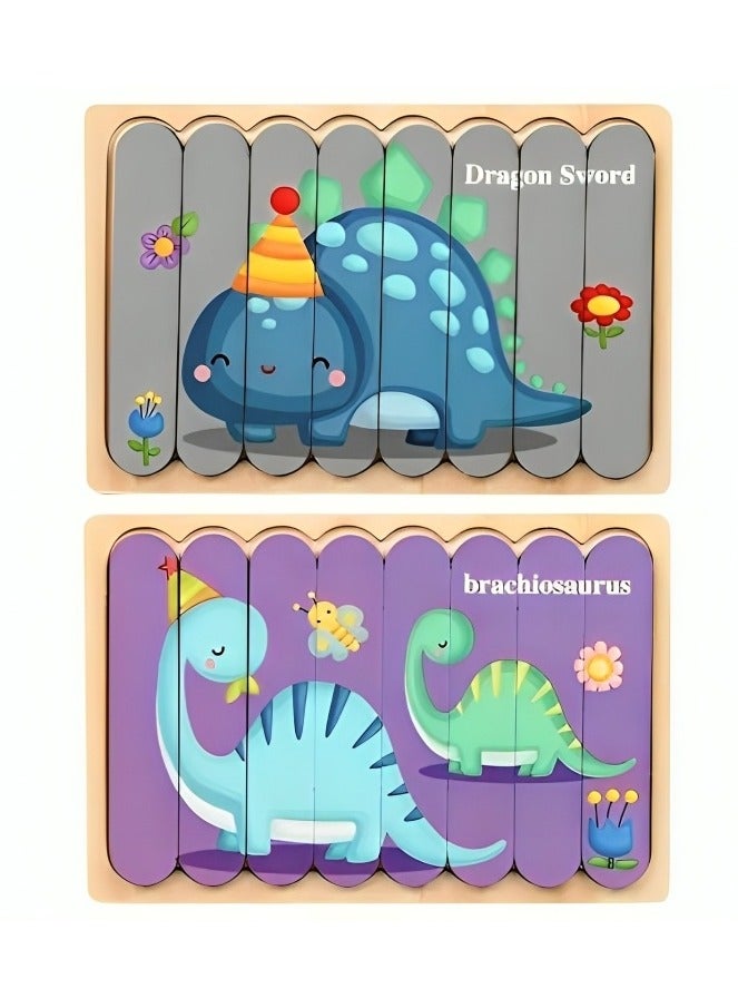 لغز خشبي ثلاثي الأبعاد بتصميم مزدوج للأطفال الصغار، أدوات دعم التعليم المبكر للآباء والمعلمين، لعبة مونتيسوري صممت لتنمية المهارات الحسية والحركية، هدية رائعة للأطفال (نمط التنين والبراكيوصور) - Image 1