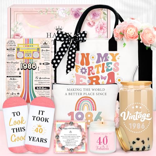 Saineron 40th Birthday Gifts for Women Vintage 1986 Birthday Gifts for Women Unique 40 Year Old Gift for Woman Happy 40th Present for Her Turning 40 and Fabulous Gift Basket for Mom Sister Wife Friend Coworker - Image 1