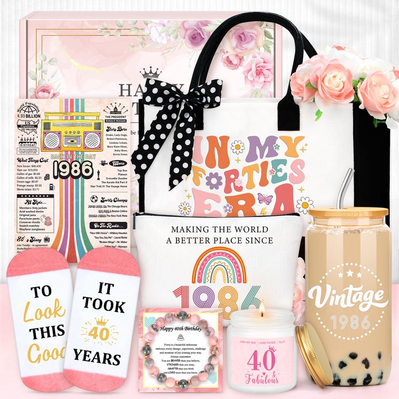 Saineron 40th Birthday Gifts for Women Vintage 1986 Birthday Gifts for Women Unique 40 Year Old Gift for Woman Happy 40th Present for Her Turning 40 and Fabulous Gift Basket for Mom Sister Wife Friend Coworker - Image 2