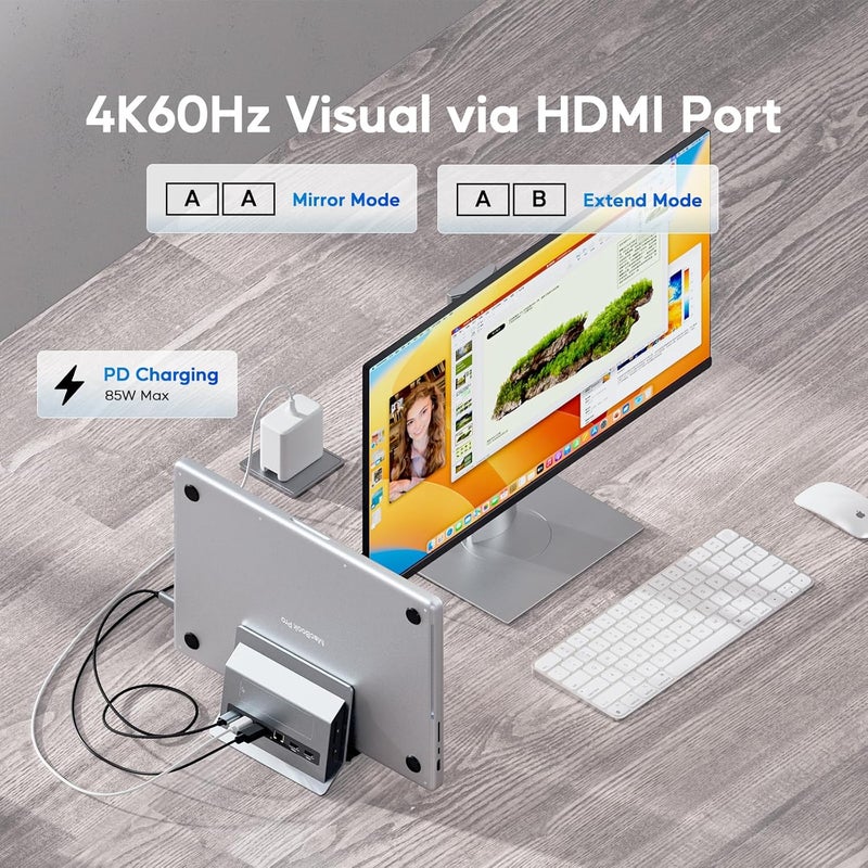 PULWTOP محطة توصيل عمودية لجهاز الماك بوك (MacBook Docking Station)، محطة توصيل من نوع مخصصة لجهاز Mac Mini مزود بحالة تخزين من نوع M.2 NVMe لأجهزة MacBook Pro/Air، دعم لتقنية 4K@60Hz عبر منفذ HDMI، منافذ USB C سرعة 10Gbps، منافذ SD/TF، دعم لتقنية الشحن السريع بقدرة 100 واط (PD)، منفذ RJ45، منافذ USB A، وميزات صوتية مناسبة لأجهزة اللابتوب التي تعمل بنظام ويندوز (Windows Laptops). - Image 5