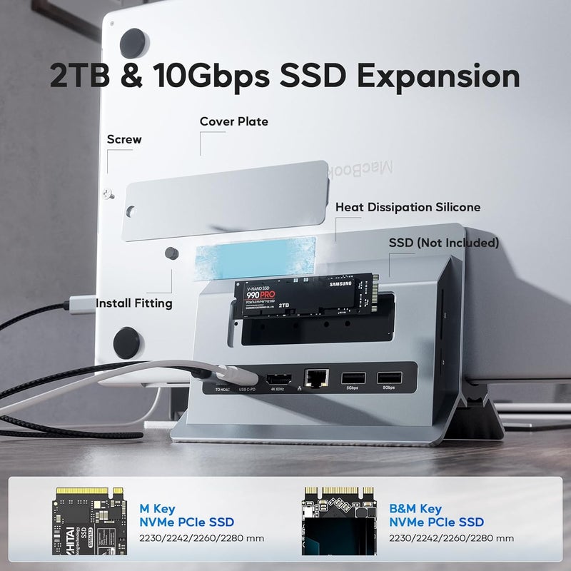 PULWTOP محطة توصيل عمودية لجهاز الماك بوك (MacBook Docking Station)، محطة توصيل من نوع مخصصة لجهاز Mac Mini مزود بحالة تخزين من نوع M.2 NVMe لأجهزة MacBook Pro/Air، دعم لتقنية 4K@60Hz عبر منفذ HDMI، منافذ USB C سرعة 10Gbps، منافذ SD/TF، دعم لتقنية الشحن السريع بقدرة 100 واط (PD)، منفذ RJ45، منافذ USB A، وميزات صوتية مناسبة لأجهزة اللابتوب التي تعمل بنظام ويندوز (Windows Laptops). - Image 3
