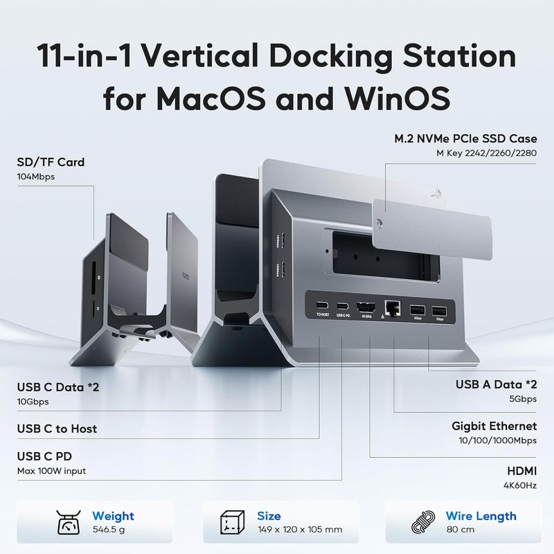 PULWTOP محطة توصيل عمودية لجهاز الماك بوك (MacBook Docking Station)، محطة توصيل من نوع مخصصة لجهاز Mac Mini مزود بحالة تخزين من نوع M.2 NVMe لأجهزة MacBook Pro/Air، دعم لتقنية 4K@60Hz عبر منفذ HDMI، منافذ USB C سرعة 10Gbps، منافذ SD/TF، دعم لتقنية الشحن السريع بقدرة 100 واط (PD)، منفذ RJ45، منافذ USB A، وميزات صوتية مناسبة لأجهزة اللابتوب التي تعمل بنظام ويندوز (Windows Laptops). - Image 2