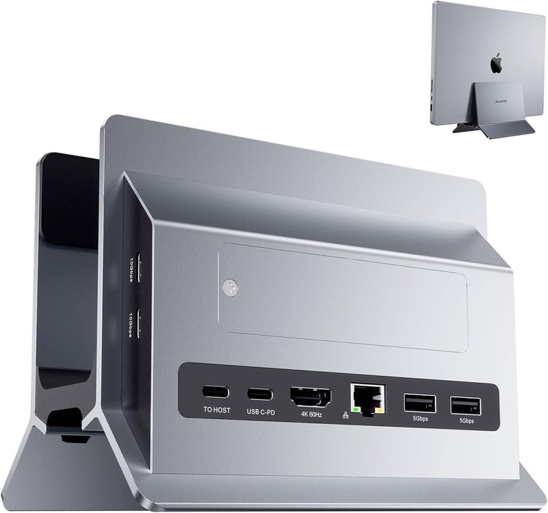 PULWTOP محطة توصيل عمودية لجهاز الماك بوك (MacBook Docking Station)، محطة توصيل من نوع مخصصة لجهاز Mac Mini مزود بحالة تخزين من نوع M.2 NVMe لأجهزة MacBook Pro/Air، دعم لتقنية 4K@60Hz عبر منفذ HDMI، منافذ USB C سرعة 10Gbps، منافذ SD/TF، دعم لتقنية الشحن السريع بقدرة 100 واط (PD)، منفذ RJ45، منافذ USB A، وميزات صوتية مناسبة لأجهزة اللابتوب التي تعمل بنظام ويندوز (Windows Laptops). - Image 1