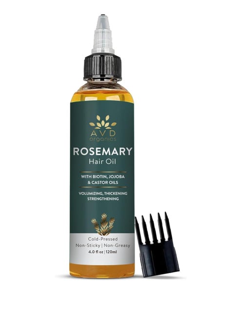 AVD Organics Rosemary Oil for Hair Infused With Biotin 4fl oz – Hair Strengthening, Nourishing, and Volumizing | Infused with Jojoba & Castor Oil | Non-GMO, 120ml