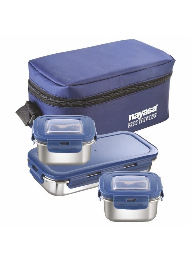 NAYASA Nayasa Stainless Steel Eco Duplex Lunch Box | 1 Roti Box- 640Ml | 2 Containers- 350 ML | Comes with Zipper Pouch | Clip Lock Lid | Air Tight and Leaproof Containers | Blue  - Image 1