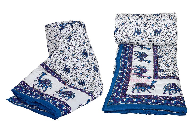 LOARSHY Pure Cotton Camel and Floral Printed Quilt | Lightweight and Warm Jaipuri Rajasthani Single Bed Razai | Soft Razai for Winters| Gift Item (Blue, Pack of 2) - Image 1