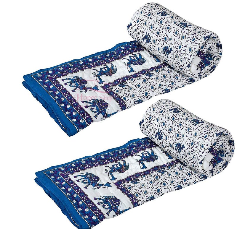 LOARSHY Pure Cotton Camel and Floral Printed Quilt | Lightweight and Warm Jaipuri Rajasthani Single Bed Razai | Soft Razai for Winters| Gift Item (Blue, Pack of 2) - Image 4
