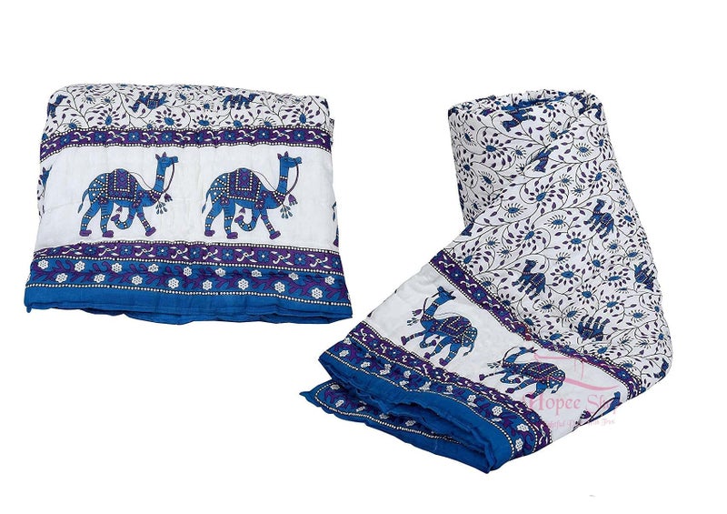 LOARSHY Pure Cotton Camel and Floral Printed Quilt | Lightweight and Warm Jaipuri Rajasthani Single Bed Razai | Soft Razai for Winters| Gift Item (Blue, Pack of 2) - Image 2