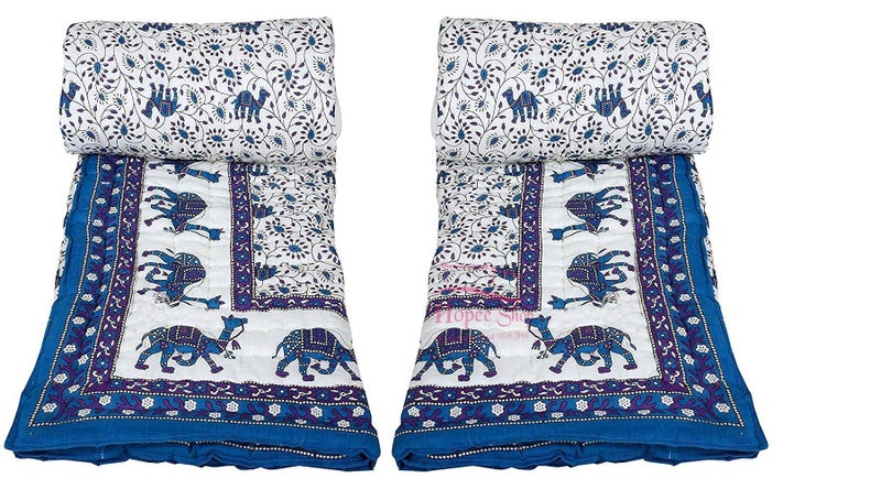 LOARSHY Pure Cotton Camel and Floral Printed Quilt | Lightweight and Warm Jaipuri Rajasthani Single Bed Razai | Soft Razai for Winters| Gift Item (Blue, Pack of 2) - Image 3