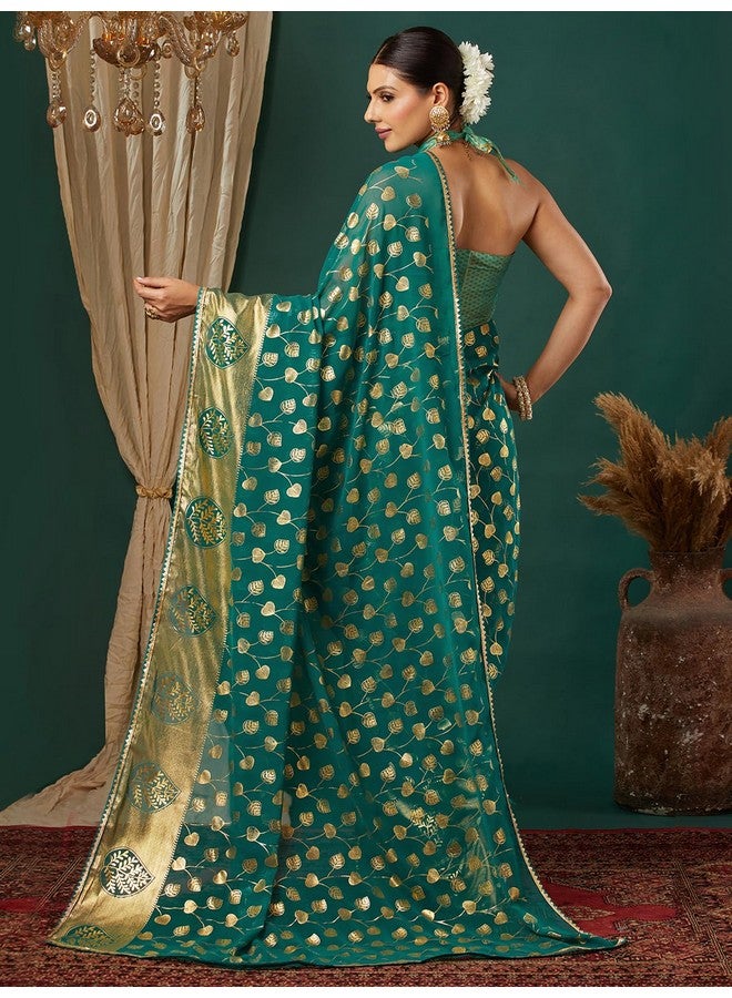Satrani Women's Georgette Foil Printed Lace Work Saree with Unstitched Blouse Piece (4443S337N_Teal Green) - Image 3
