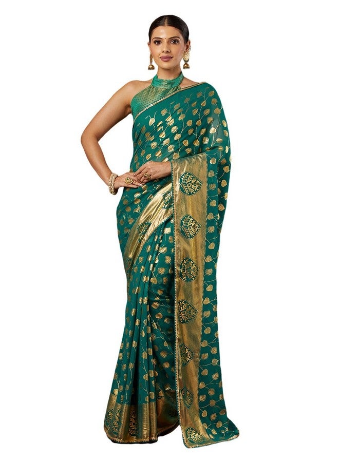 Satrani Women's Georgette Foil Printed Lace Work Saree with Unstitched Blouse Piece (4443S337N_Teal Green) - Image 1