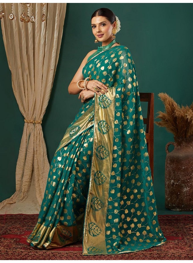 Satrani Women's Georgette Foil Printed Lace Work Saree with Unstitched Blouse Piece (4443S337N_Teal Green) - Image 2