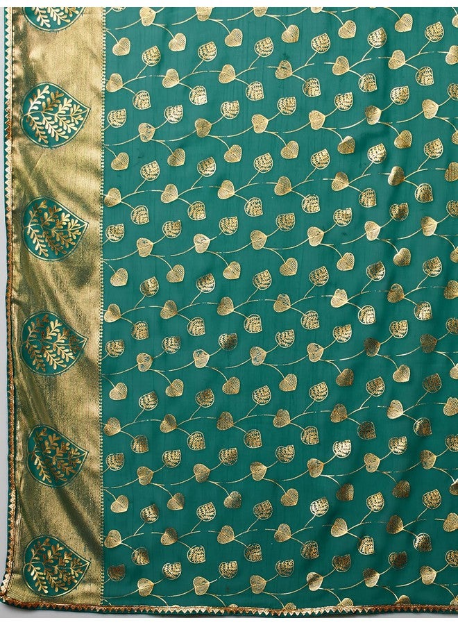 Satrani Women's Georgette Foil Printed Lace Work Saree with Unstitched Blouse Piece (4443S337N_Teal Green) - Image 5