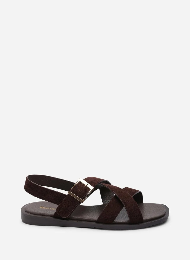 من أين هذه Capri Cross Over Open Toe Dark Brown Suede Sandal