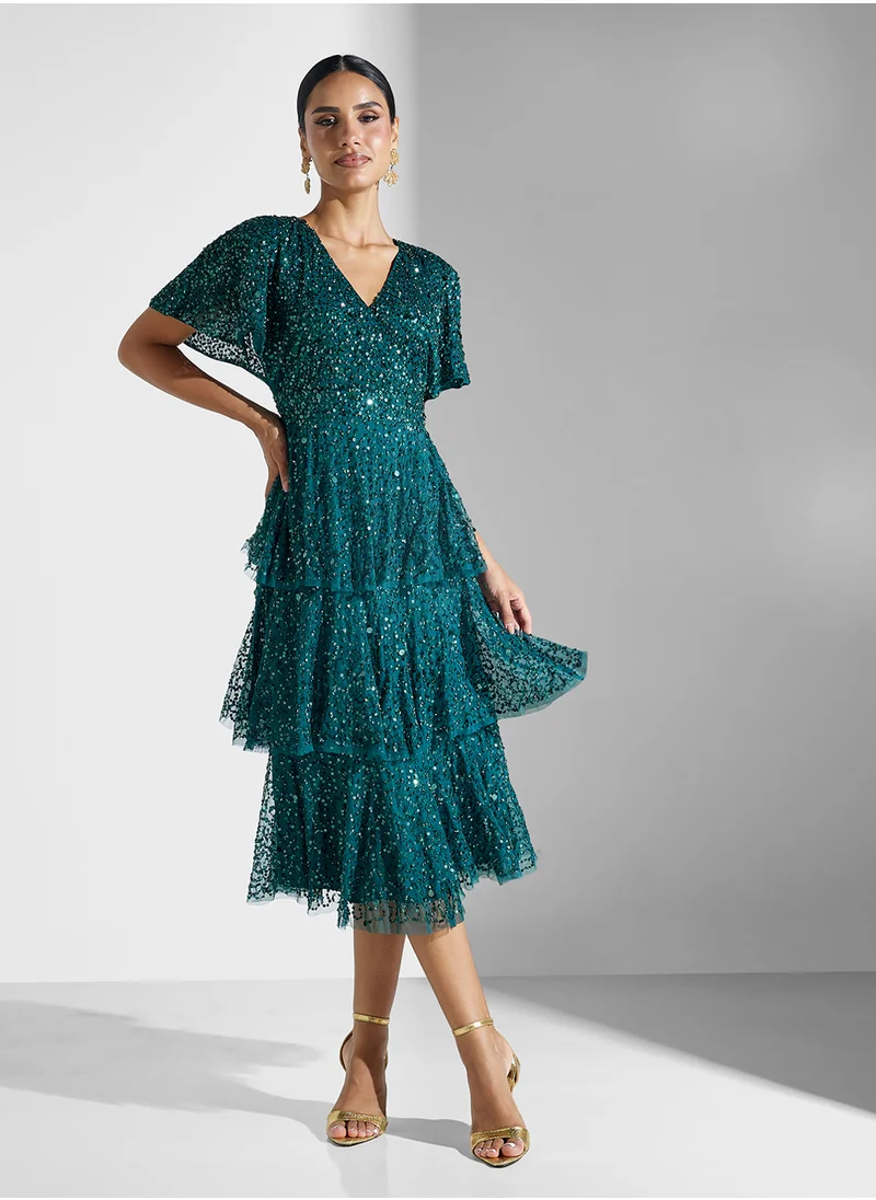 BEAUUT Millie Embellished V-Neck Ruffle Dress