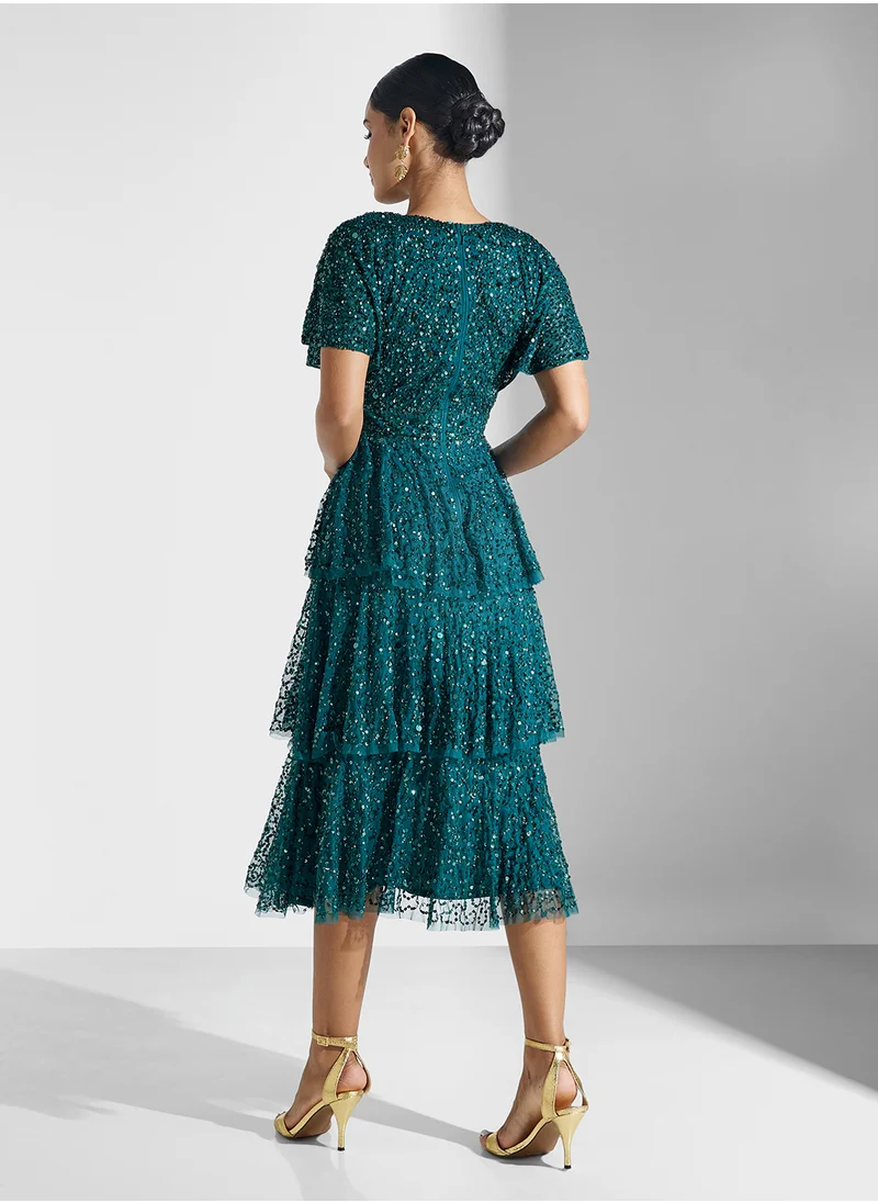 BEAUUT Millie Embellished V-Neck Ruffle Dress