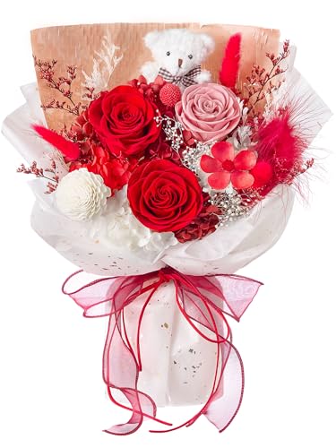 Polylove Forever Flower Bouquet Flowers for Delivery Prime Preserved Roses with Bear Gift Box for Wife Women Mother Day Anniversary Birthday (Red) - Image 1
